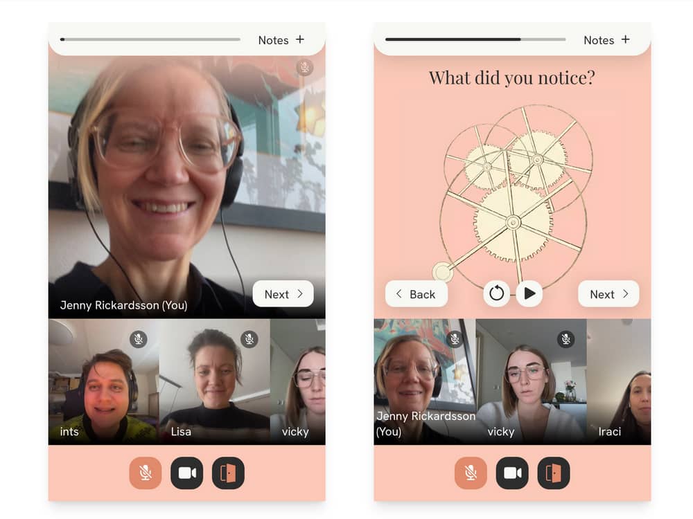 Two screenshots from the new 29k sessions app where people do an exercise together in a live video chat